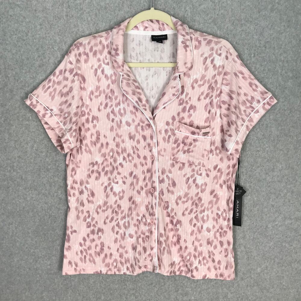 Tahari Shirt Womens Large Pink Leopard Ribbed Button Sleep Pajama PJs Soft Cozy